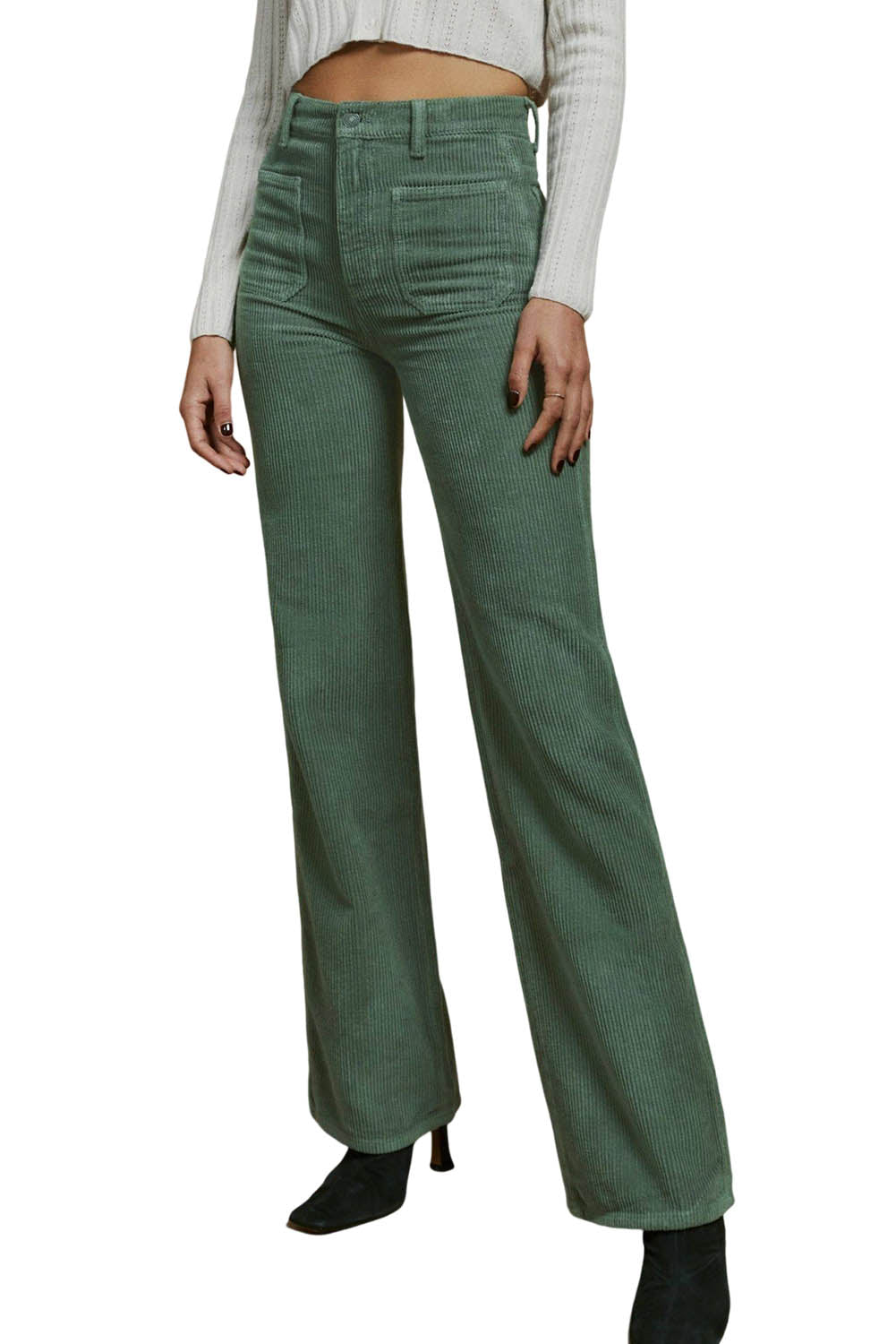 Green Square Pockets Flare Leg Corduroy Pants Bottoms JT's Designer Fashion