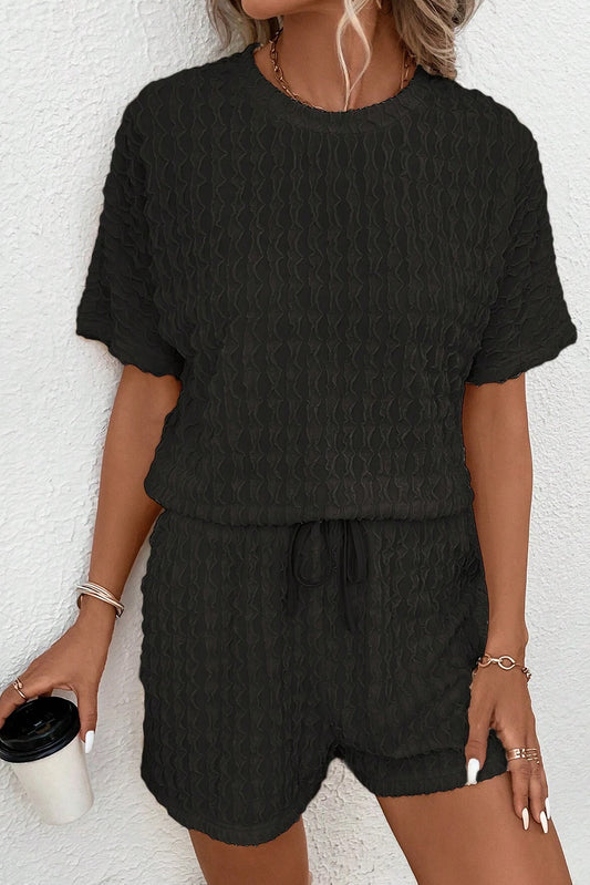 Black Frill Textured Tee and Drawstring Shorts Bottoms JT's Designer Fashion