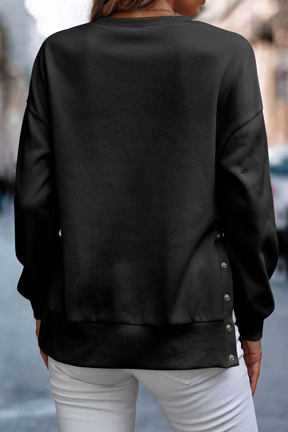 Black Button Split Sides Solid Color Sweatshirt Sweatshirts & Hoodies JT's Designer Fashion