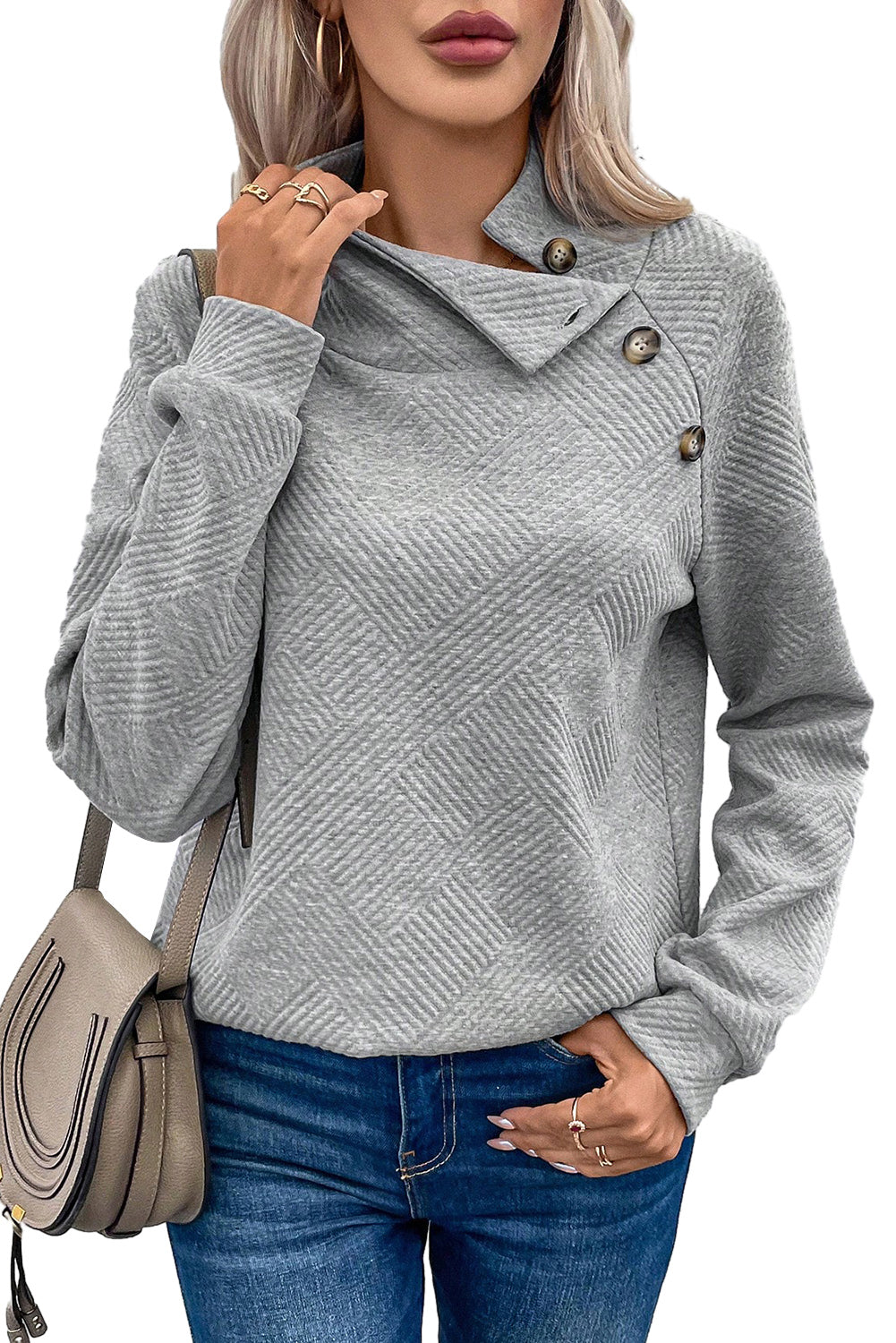 Gray Solid Button Detail Sweatshirt Sweatshirts & Hoodies JT's Designer Fashion