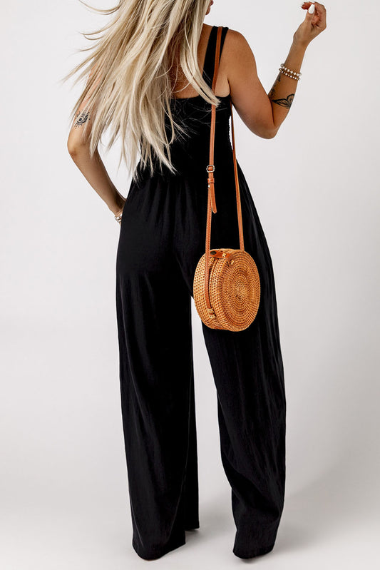 Black Smocked Sleeveless Wide Leg Jumpsuit with Pockets Jumpsuits & Rompers JT's Designer Fashion