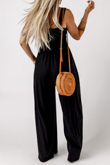 Black Smocked Sleeveless Wide Leg Jumpsuit with Pockets Jumpsuits & Rompers JT's Designer Fashion