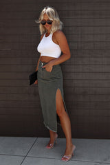 Black High Split Raw Edge Midi Jean Skirt Bottoms JT's Designer Fashion