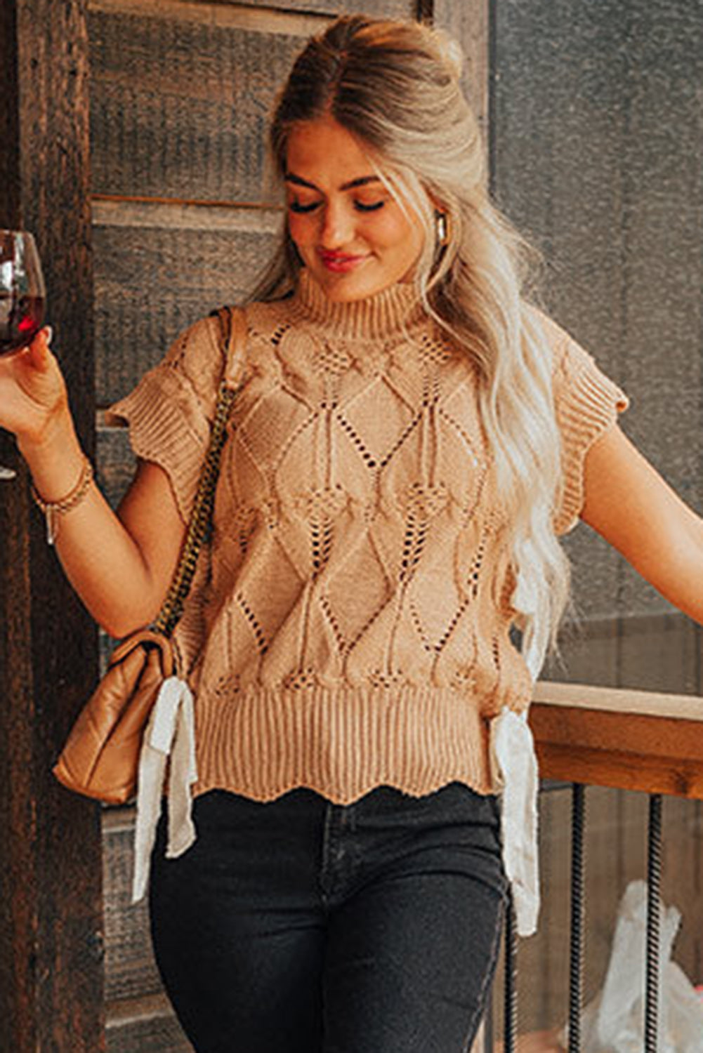 Flaxen Hollowed Knit Scalloped Trim High Neck Sweater Sweaters & Cardigans JT's Designer Fashion