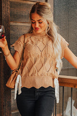 Flaxen Hollowed Knit Scalloped Trim High Neck Sweater Sweaters & Cardigans JT's Designer Fashion