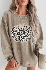 Khaki Leopard Halloween Pumpkin Graphic Corded Sweatshirt Khaki 100%Polyester Graphic Sweatshirts JT's Designer Fashion