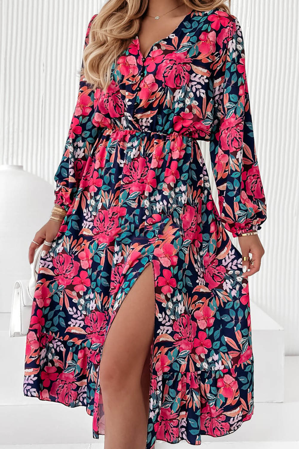 Red V Neck Elastic High Waist Split Floral Dress Dresses JT's Designer Fashion