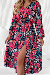 Red V Neck Elastic High Waist Split Floral Dress Dresses JT's Designer Fashion