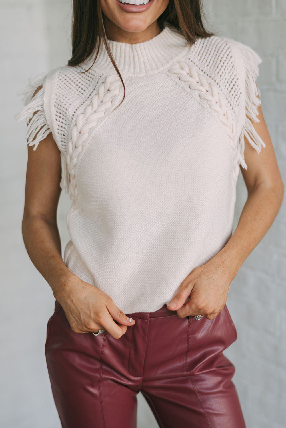 Bright White Woven Tasseled Sleeveless Mock Neck Knit Sweater Sweaters & Cardigans JT's Designer Fashion