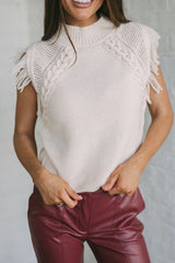 Bright White Woven Tasseled Sleeveless Mock Neck Knit Sweater Sweaters & Cardigans JT's Designer Fashion