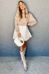 Pale Khaki Sweatshirt Poplin 2-in-1 Mini Dress Dresses JT's Designer Fashion