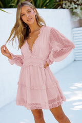 Pink Layered Ruffled Open Back Puff Sleeve Swiss Dot Mini Dress Mini Dresses JT's Designer Fashion