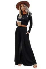 Black Solid Color Ribbed Crop Top Long Pants Set Bottoms JT's Designer Fashion