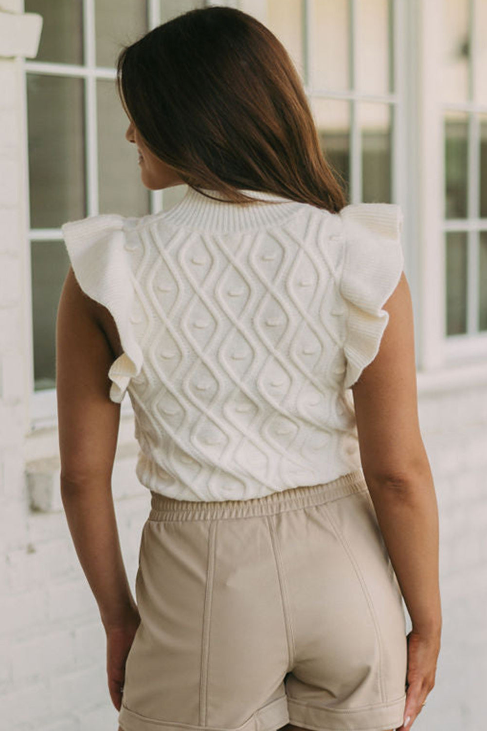 White Textured Ruffled Round Neck Knitted Vest Sweaters & Cardigans JT's Designer Fashion