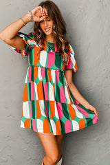 Green Abstract Print Puff Sleeve Short Dress Dresses JT's Designer Fashion
