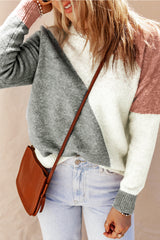Gray Multicolor Colorblock Ribbed Trim Round Neck Sweater Sweaters & Cardigans JT's Designer Fashion
