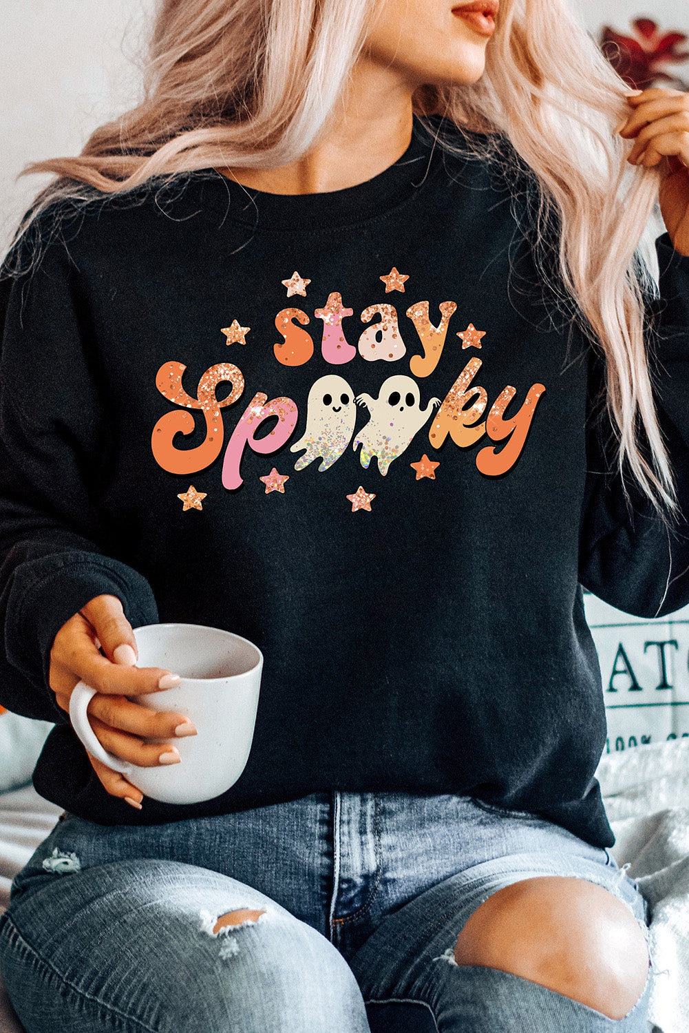 Black Halloween stay Spooky Graphic Sweatshirt Black 70%Polyester+30%Cotton Graphic Sweatshirts JT's Designer Fashion