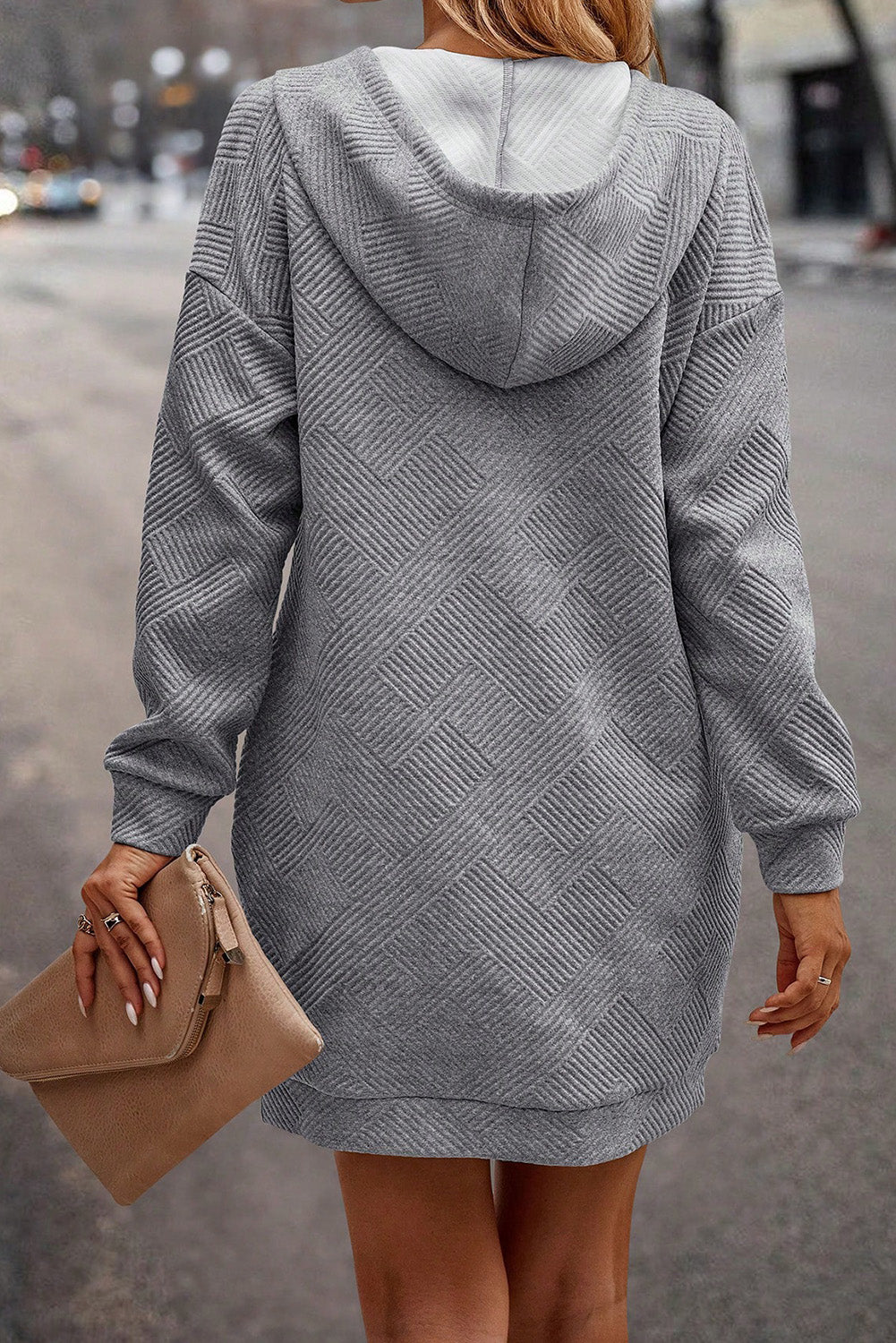 Gray Textured Kangaroo Pocket Drawstring Hooded Mini Dress Dresses JT's Designer Fashion
