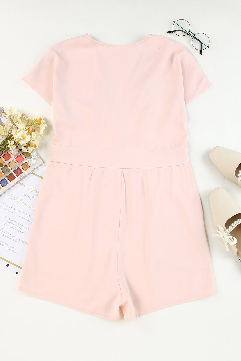 Pink Deep V Neck Buttoned High Waist Romper Jumpsuits & Rompers JT's Designer Fashion