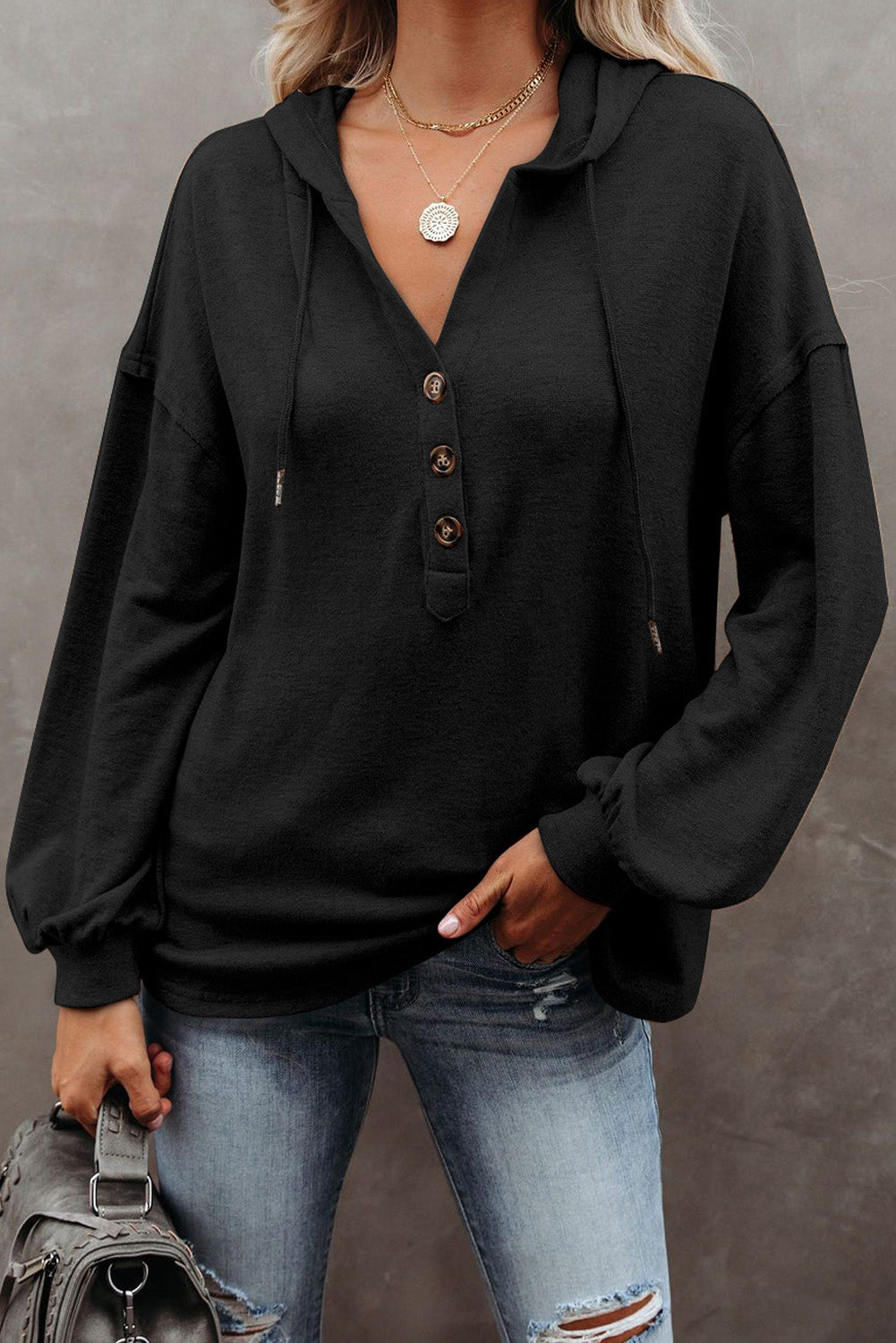 Black Buttoned High and Low Hem Hoodie Sweatshirts & Hoodies JT's Designer Fashion