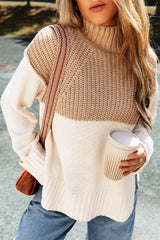 Parchment Cable Knit Color Block Side Splits Mock Neck Sweater Sweaters & Cardigans JT's Designer Fashion