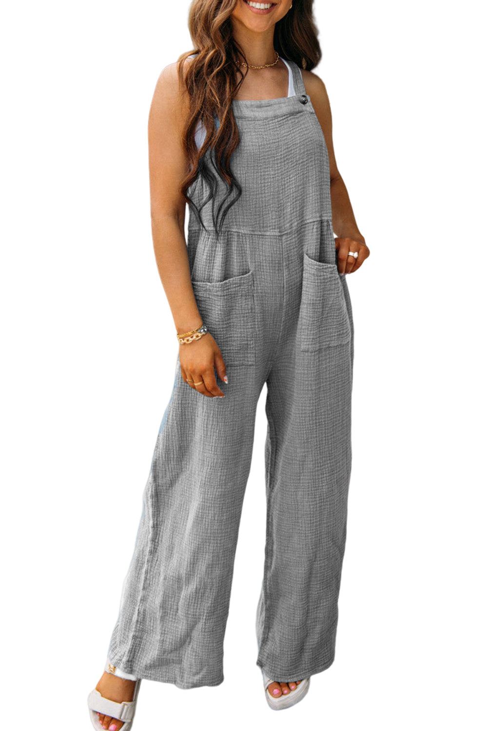 Gray Textured Wide Leg Overall with Pockets Bottoms JT's Designer Fashion