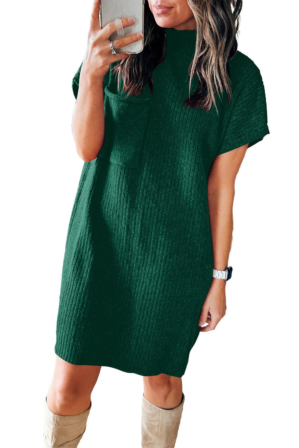Blackish Green Patch Pocket Ribbed Knit Short Sleeve Sweater Dress Dresses JT's Designer Fashion