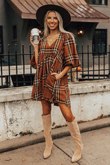 Brown Plaid Pattern Frilled Shoulder Empire Waist Babydoll Dress Dresses JT's Designer Fashion