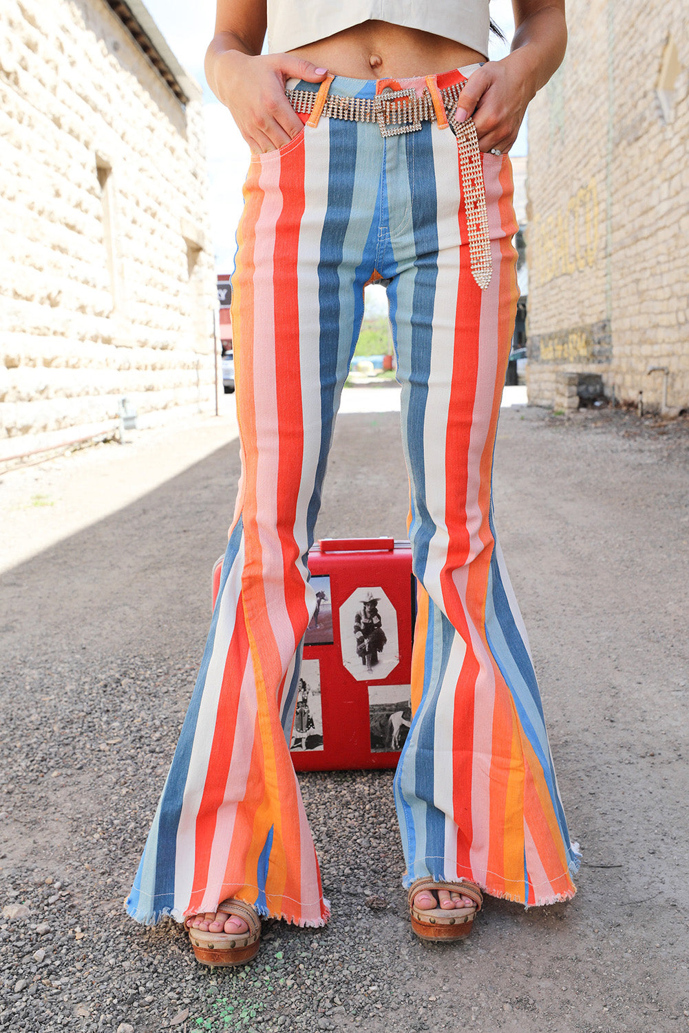 Multicolor Striped Raw Hem Flared Bottom Denim Pants Bottoms JT's Designer Fashion