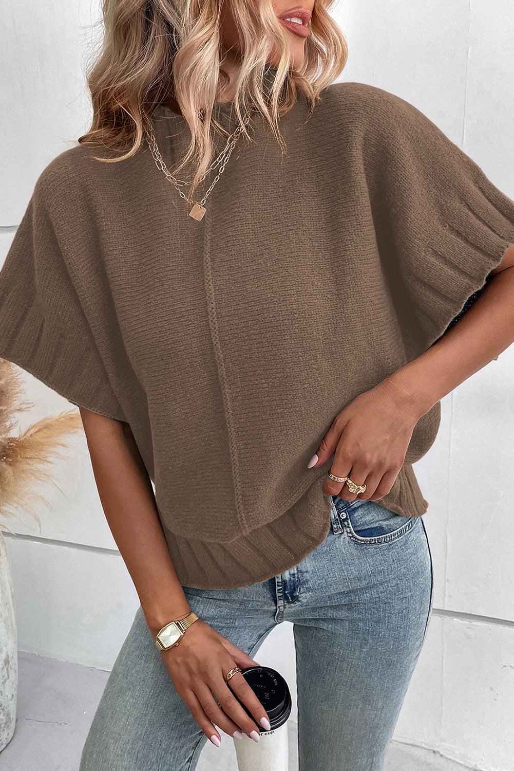 Desert Palm Mock Neck Batwing Sleeve Knit Sweater Sweaters & Cardigans JT's Designer Fashion
