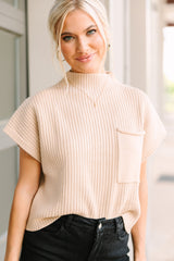 Oatmeal Patch Pocket Ribbed Knit Short Sleeve Sweater Sweaters & Cardigans JT's Designer Fashion