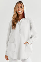 White Patchwork Side Pockets Oversized Henley Hoodie Sweatshirts & Hoodies JT's Designer Fashion