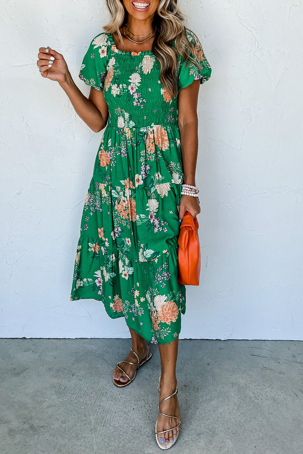 Green Floral Bubble Sleeve Smocked Tiered Long Dress Dresses JT's Designer Fashion