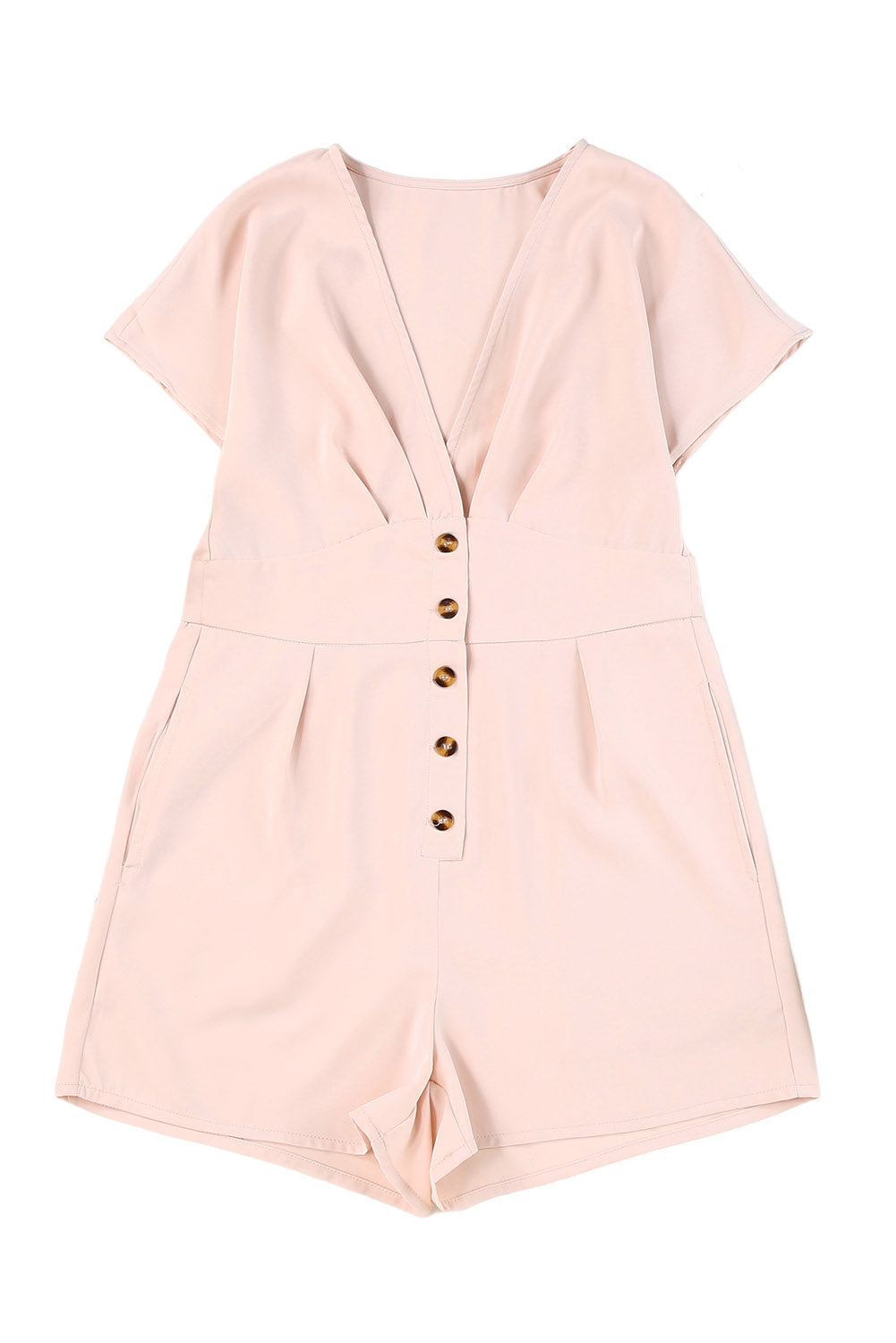 Pink Deep V Neck Buttoned High Waist Romper Jumpsuits & Rompers JT's Designer Fashion