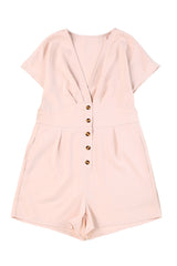Pink Deep V Neck Buttoned High Waist Romper Jumpsuits & Rompers JT's Designer Fashion
