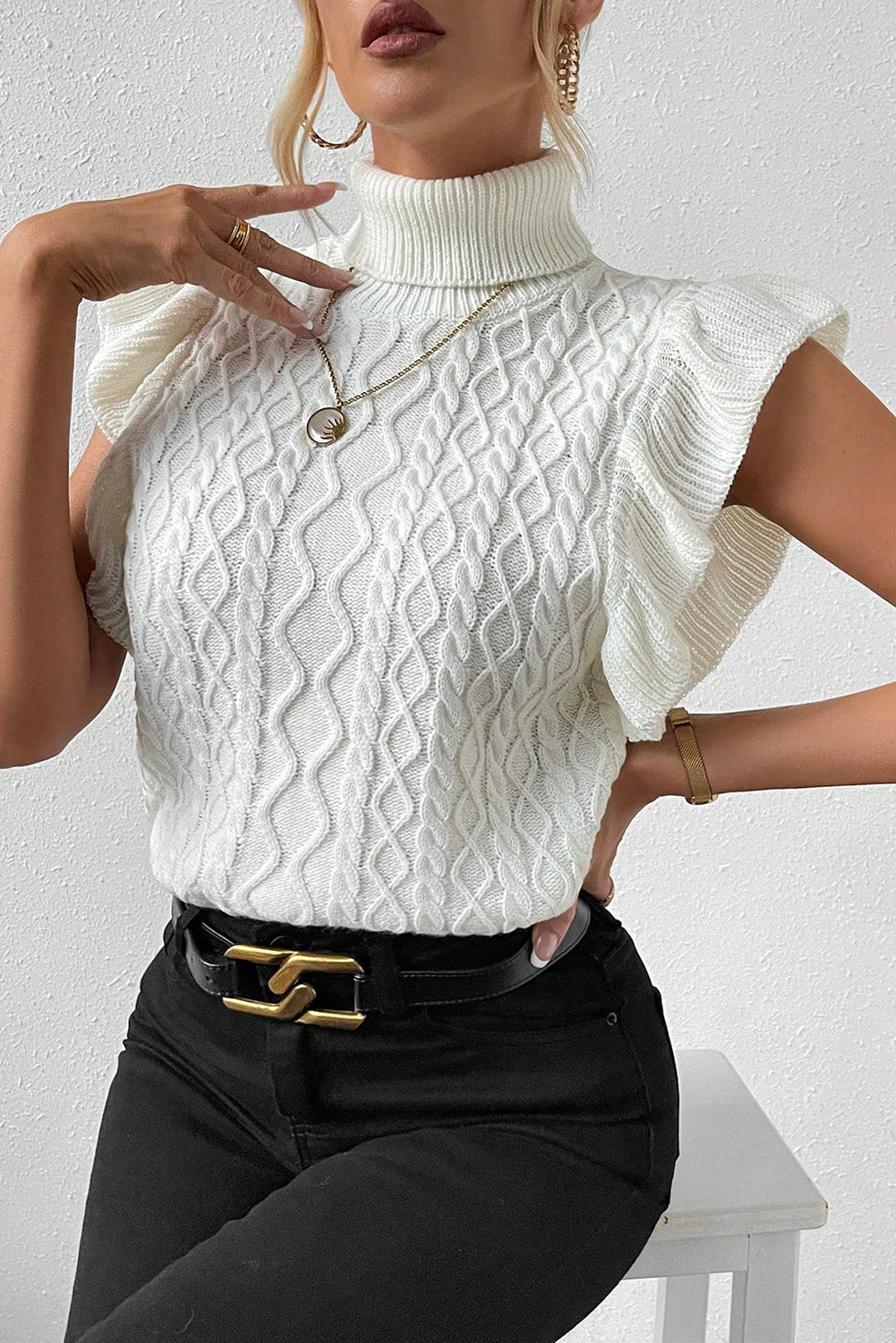 Bright White Cable Knit Ruffled Short Sleeve Turtle Neck Sweater Sweaters & Cardigans JT's Designer Fashion