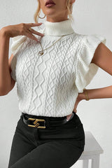 Bright White Cable Knit Ruffled Short Sleeve Turtle Neck Sweater Sweaters & Cardigans JT's Designer Fashion