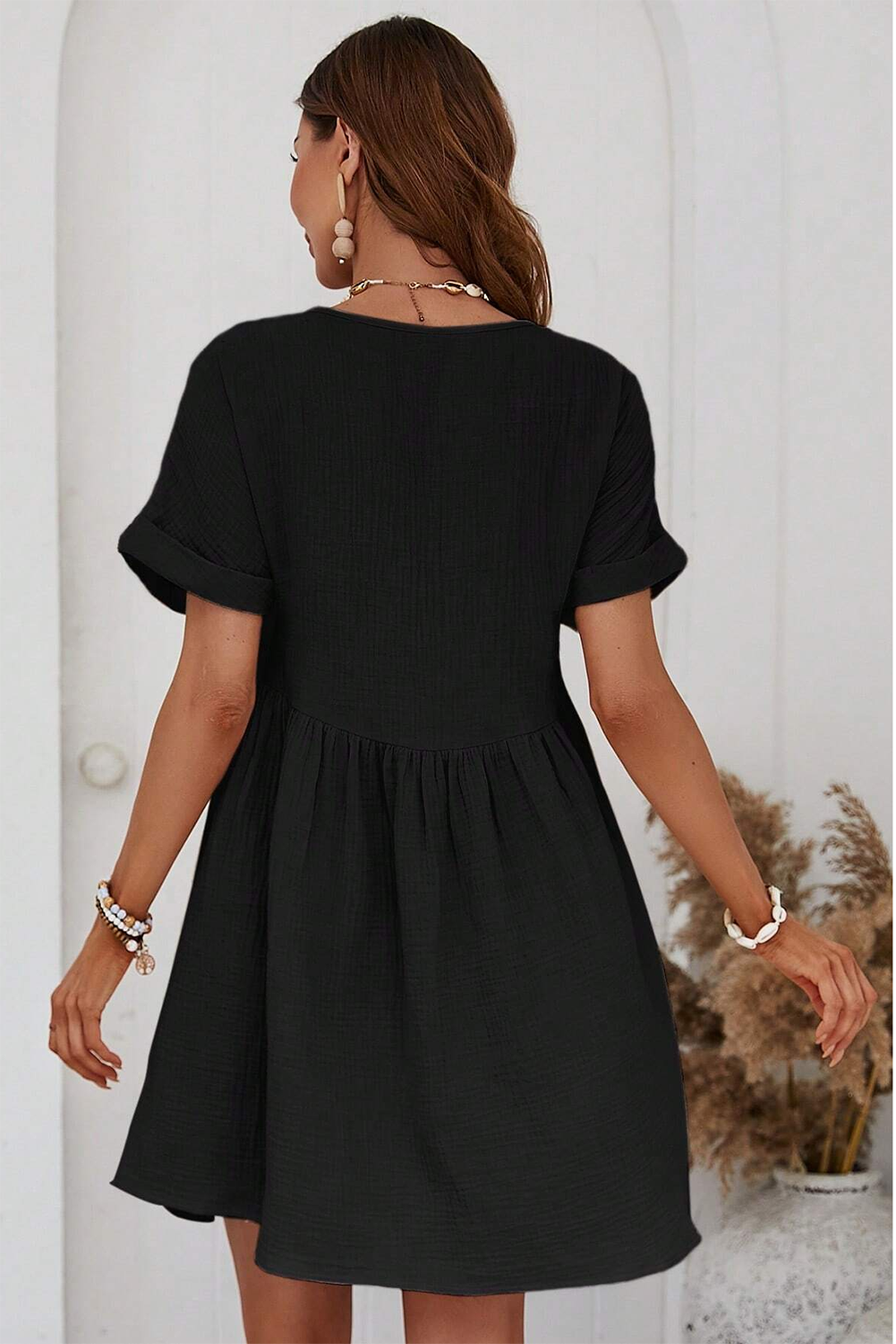 Black Folded Short Sleeve Lace V Neck Mini Dress Dresses JT's Designer Fashion
