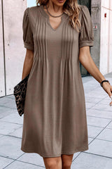 Desert Palm Puff Sleeve Notched Neck Pleated Mini Dress Dresses JT's Designer Fashion