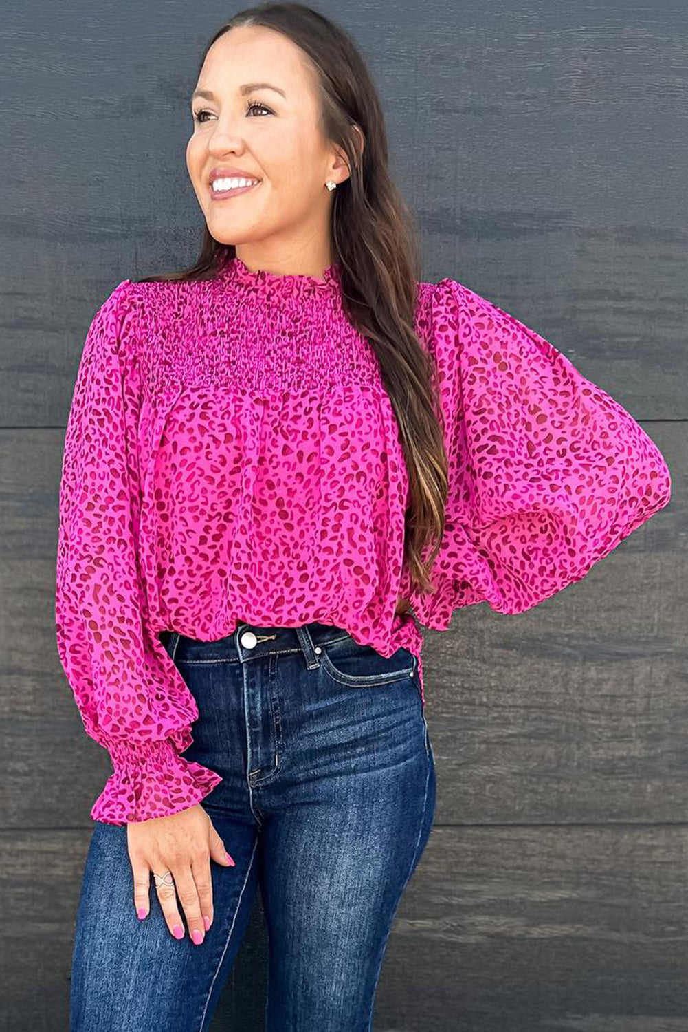 Rose Leopard Shirred Puff Sleeve Flowy Blouse Long Sleeve Tops JT's Designer Fashion