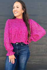 Rose Leopard Shirred Puff Sleeve Flowy Blouse Long Sleeve Tops JT's Designer Fashion