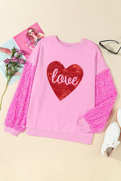 LOVE Heart Sequin Dropped Shoulder Sweatshirt Graphic Sweatshirts JT's Designer Fashion