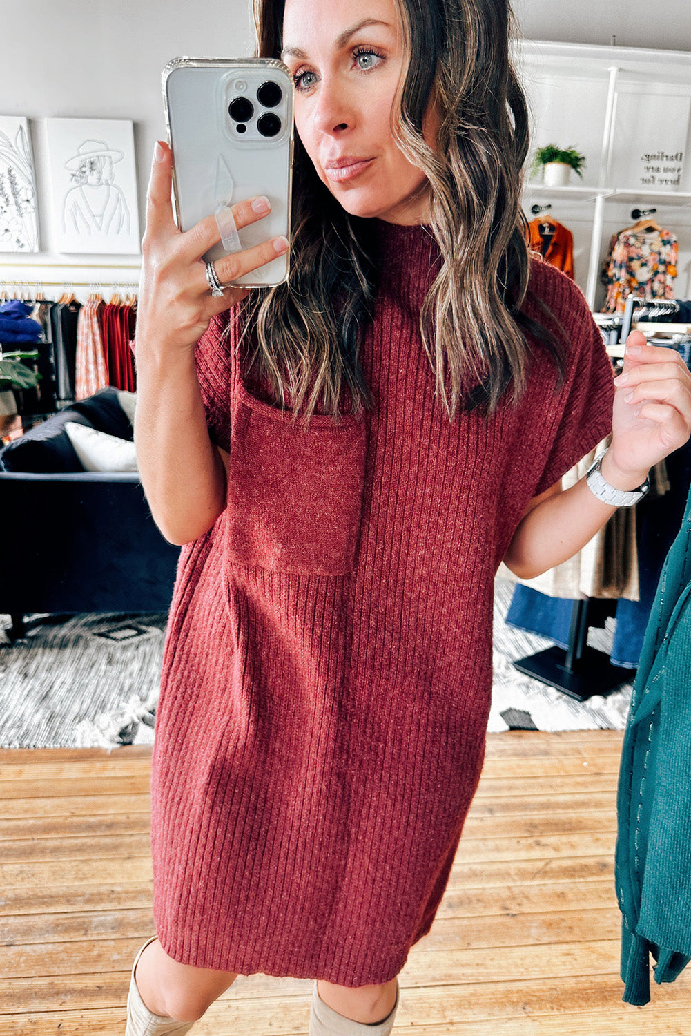 Ruby Patch Pocket Ribbed Knit Short Sleeve Sweater Dress Dresses JT's Designer Fashion