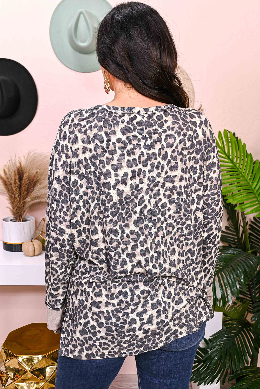 Leopard Plus Waffle Patched Chest Pocket Long Sleeve Henley Top Plus Size JT's Designer Fashion