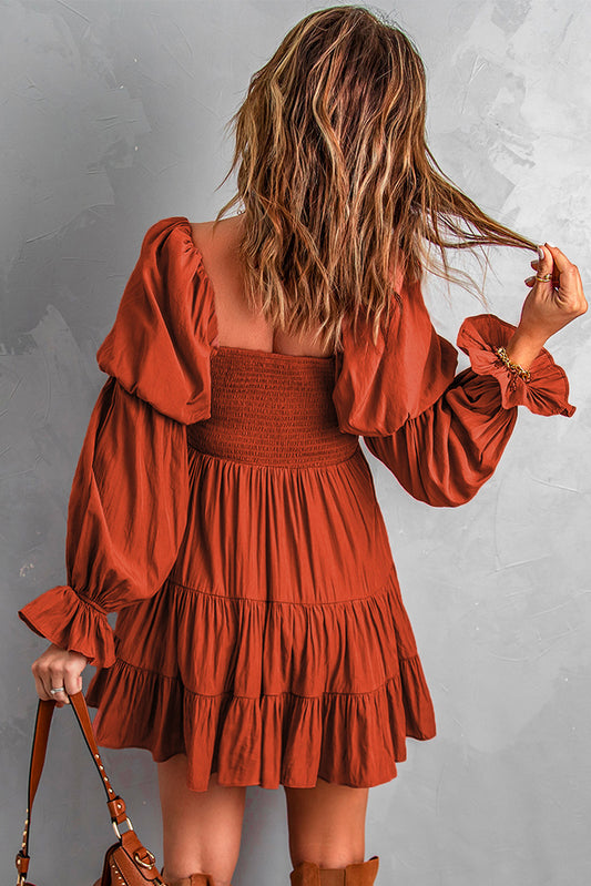 Brown Boho Solid Shirred Ruffle Mini Dress Mini Dresses JT's Designer Fashion