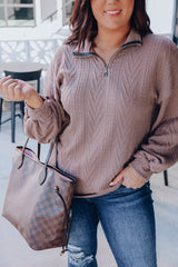 Brown Long Sleeve Zip Neck Plus Size Knit Top Plus Size JT's Designer Fashion