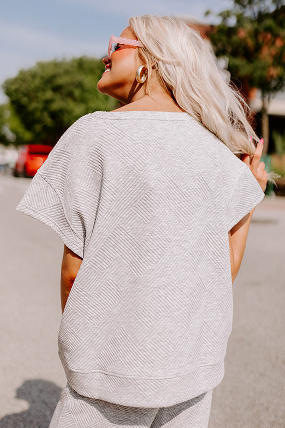 Gray Textured Loose Fit T Shirt and Drawstring Pants Set Bottoms JT's Designer Fashion