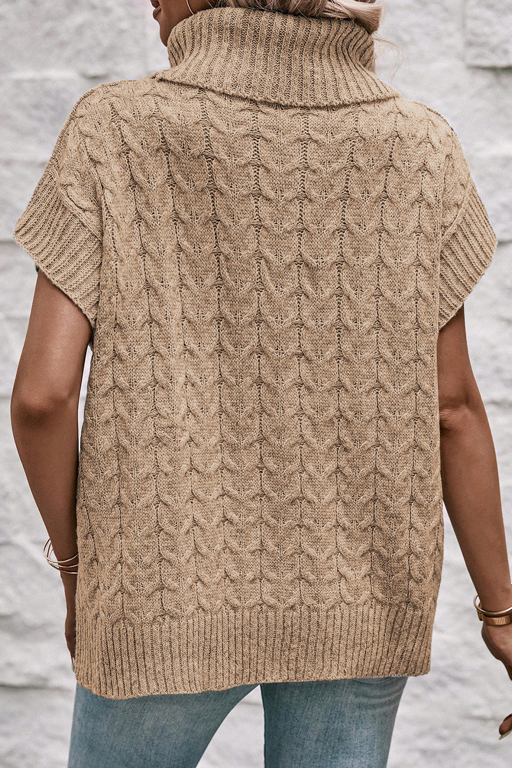 Light French Beige Turtleneck Short Batwing Sleeve Cable Knit Sweater Sweaters & Cardigans JT's Designer Fashion
