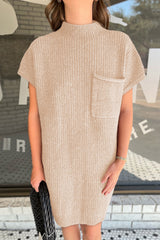 Oatmeal Patch Pocket Ribbed Knit Short Sleeve Sweater Dress Dresses JT's Designer Fashion