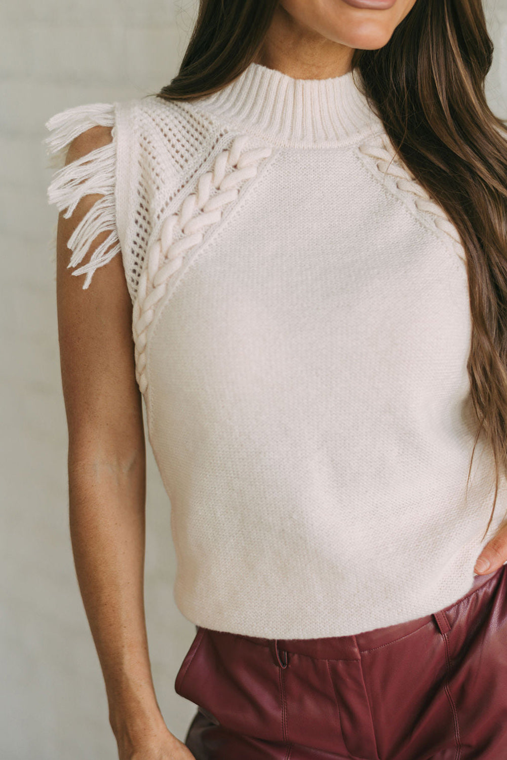 Bright White Woven Tasseled Sleeveless Mock Neck Knit Sweater Sweaters & Cardigans JT's Designer Fashion
